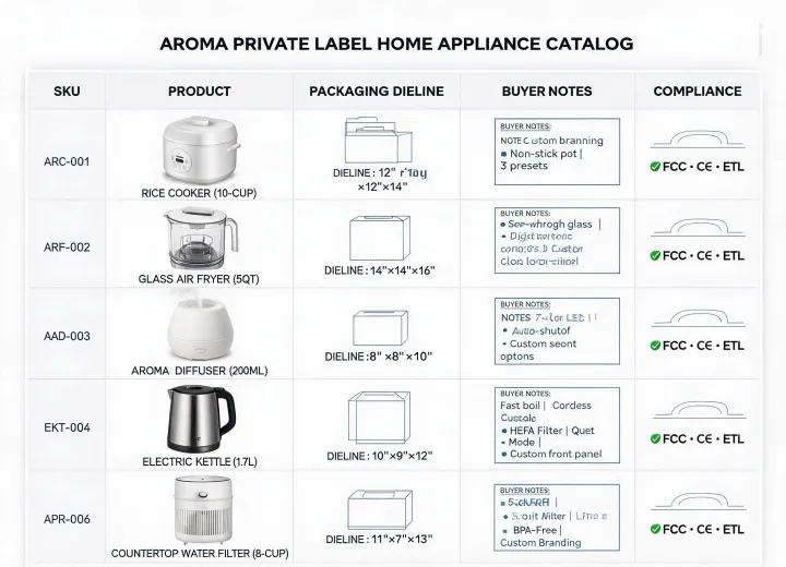 Aroma private label appliance catalog table